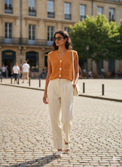 ADL Crop Women's Knit Vest Cardigan With Large Gold Button in mustard.