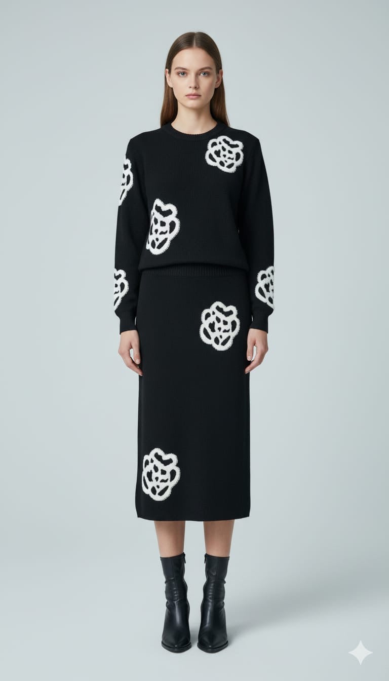 AD Embroidered Beaded Long Sleeve Knitted Sweater 2 Pcs Set