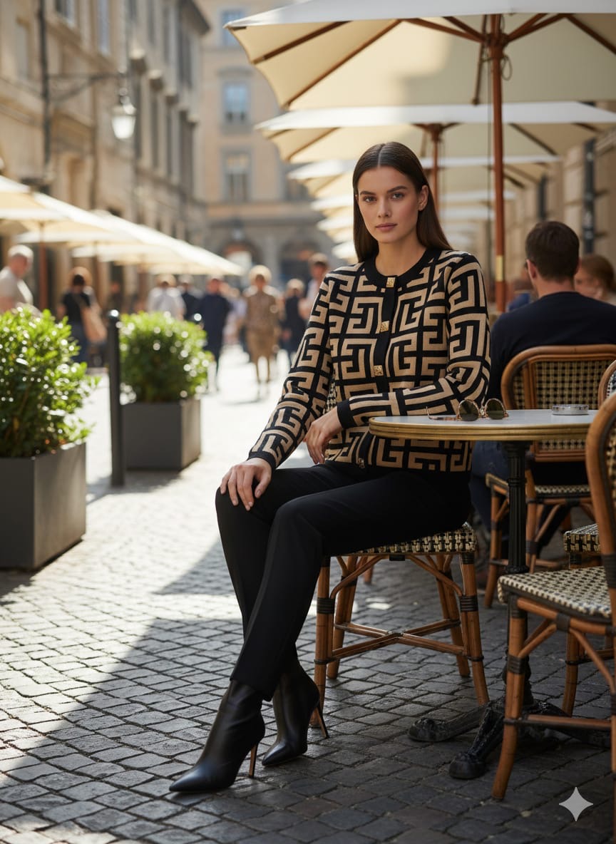 AD  Vintage Geometric Pattern Women Slim Cardigan in Brown