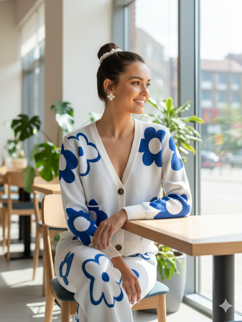 ADL High Quality Floral Pattern V-Neck Knitted 2 piece Set Women Wide-Leg in Blue