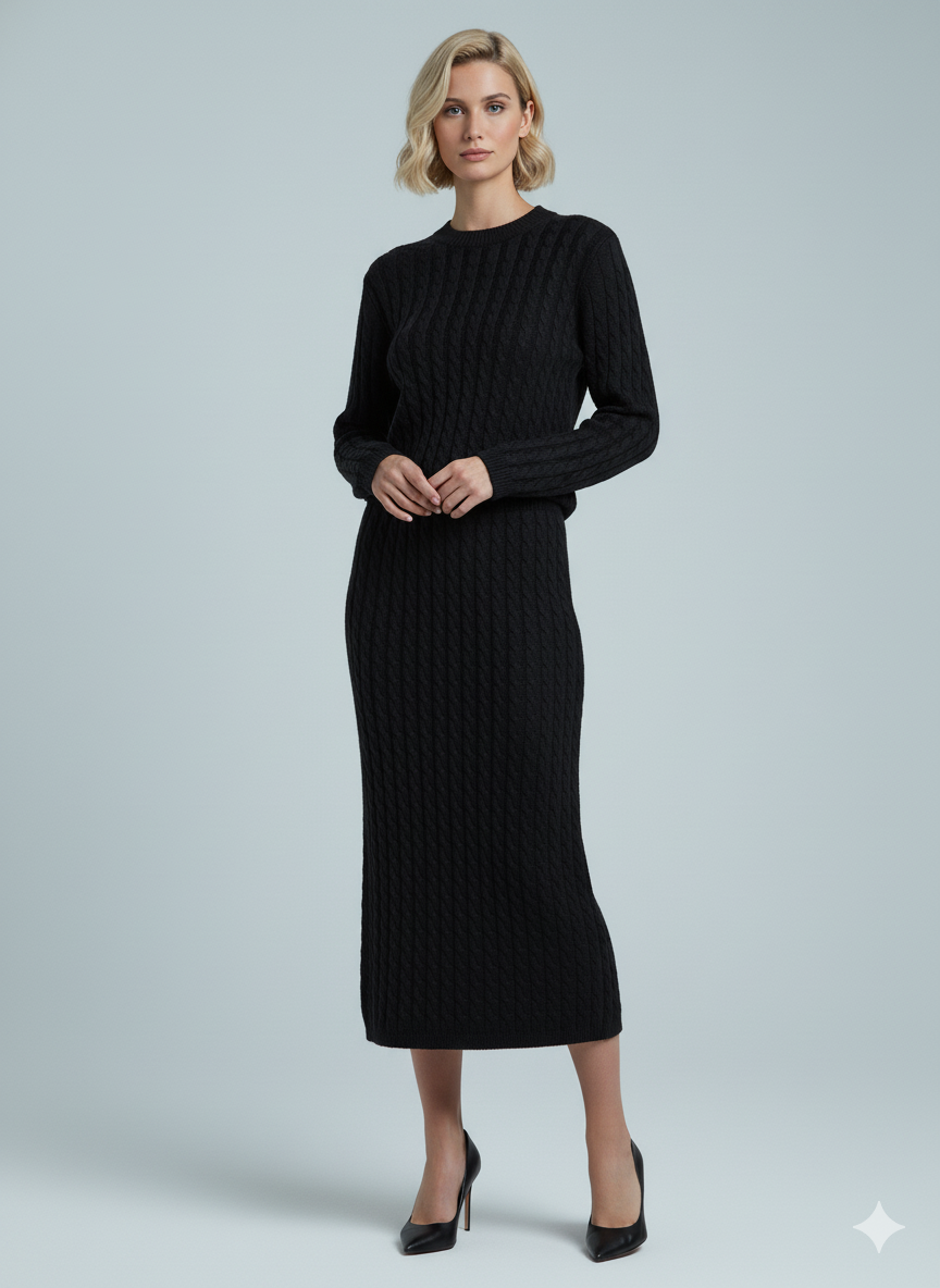 ADL Soft Cable Jumper and Midi Skirt Co-Ord Set in black