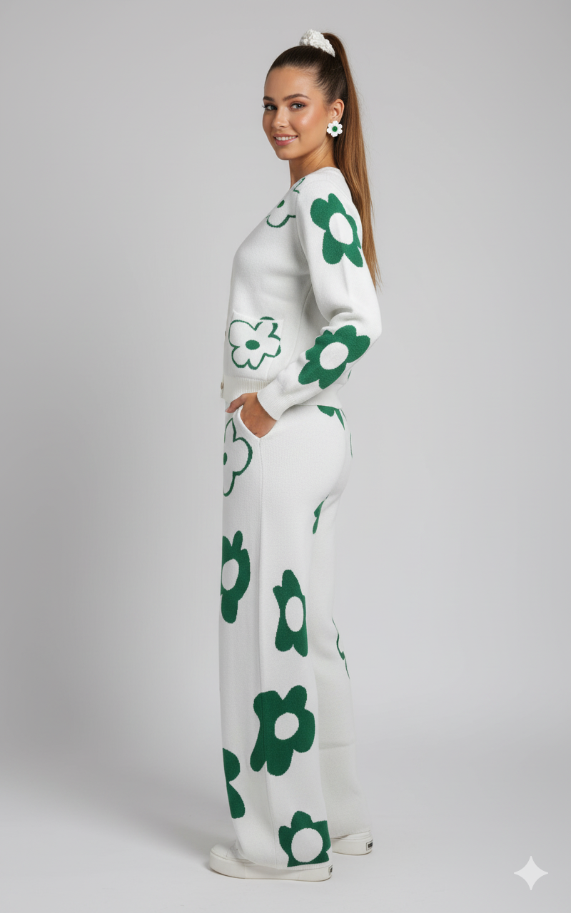 ADL High Quality Floral Pattern V-Neck Knitted 2 piece Set Women Wide-Leg in Green .