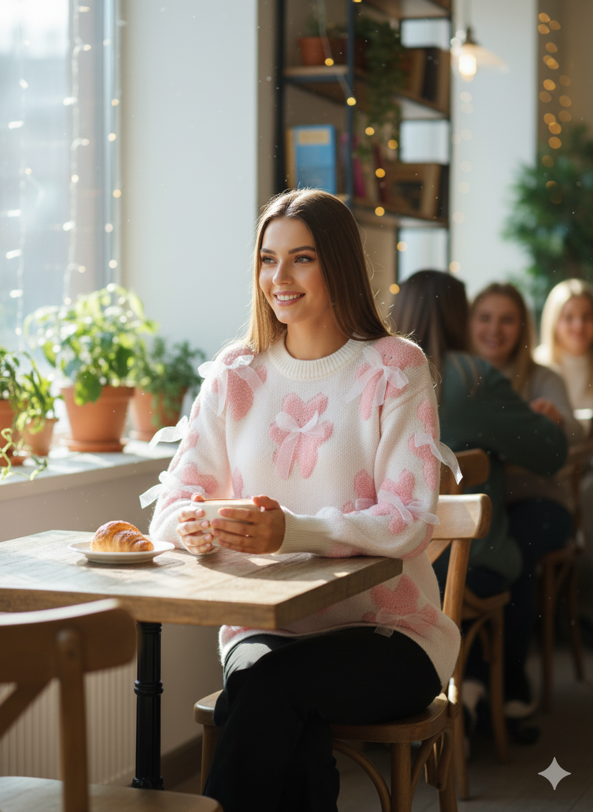 ADL Vintage Winter Cute Teddy Bear & Sheer Bow Long Sleeve Sweater in White