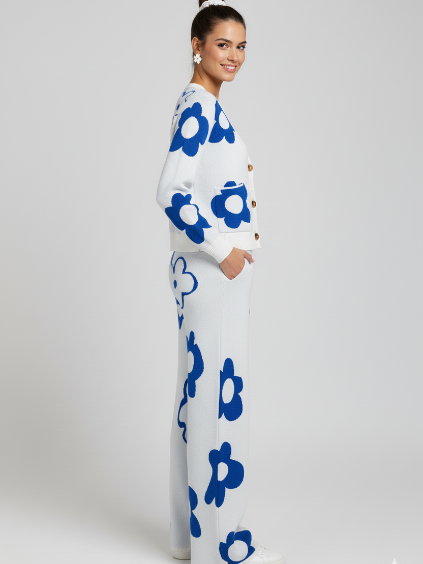 ADL High Quality Floral Pattern V-Neck Knitted 2 piece Set Women Wide-Leg in Blue