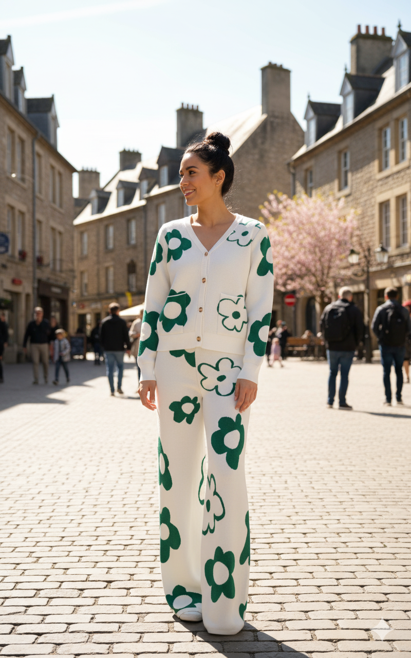 ADL High Quality Floral Pattern V-Neck Knitted 2 piece Set Women Wide-Leg in Green .