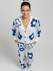 ADL High Quality Floral Pattern V-Neck Knitted 2 piece Set Women Wide-Leg in Blue