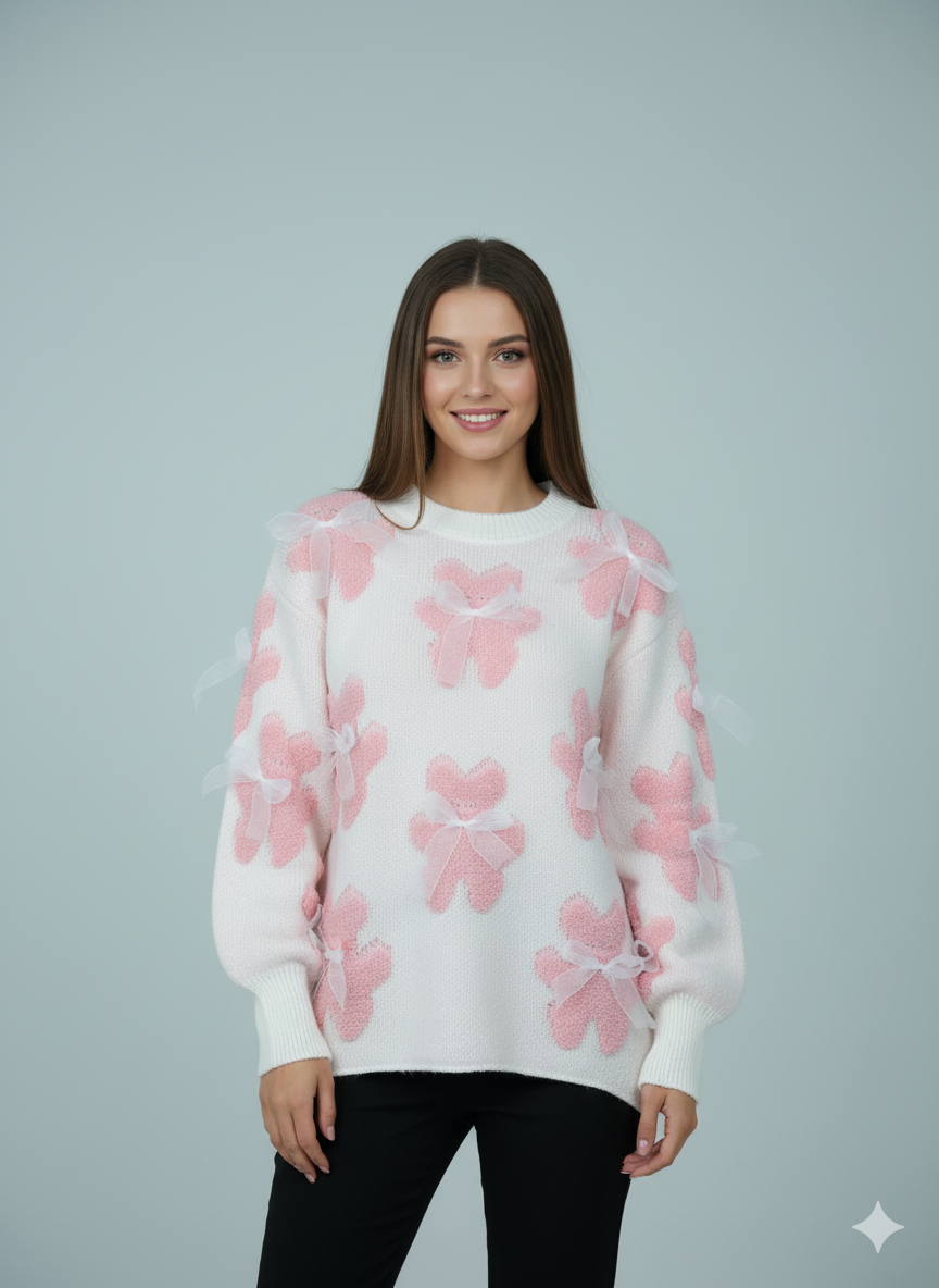 ADL Vintage Winter Cute Teddy Bear & Sheer Bow Long Sleeve Sweater in White