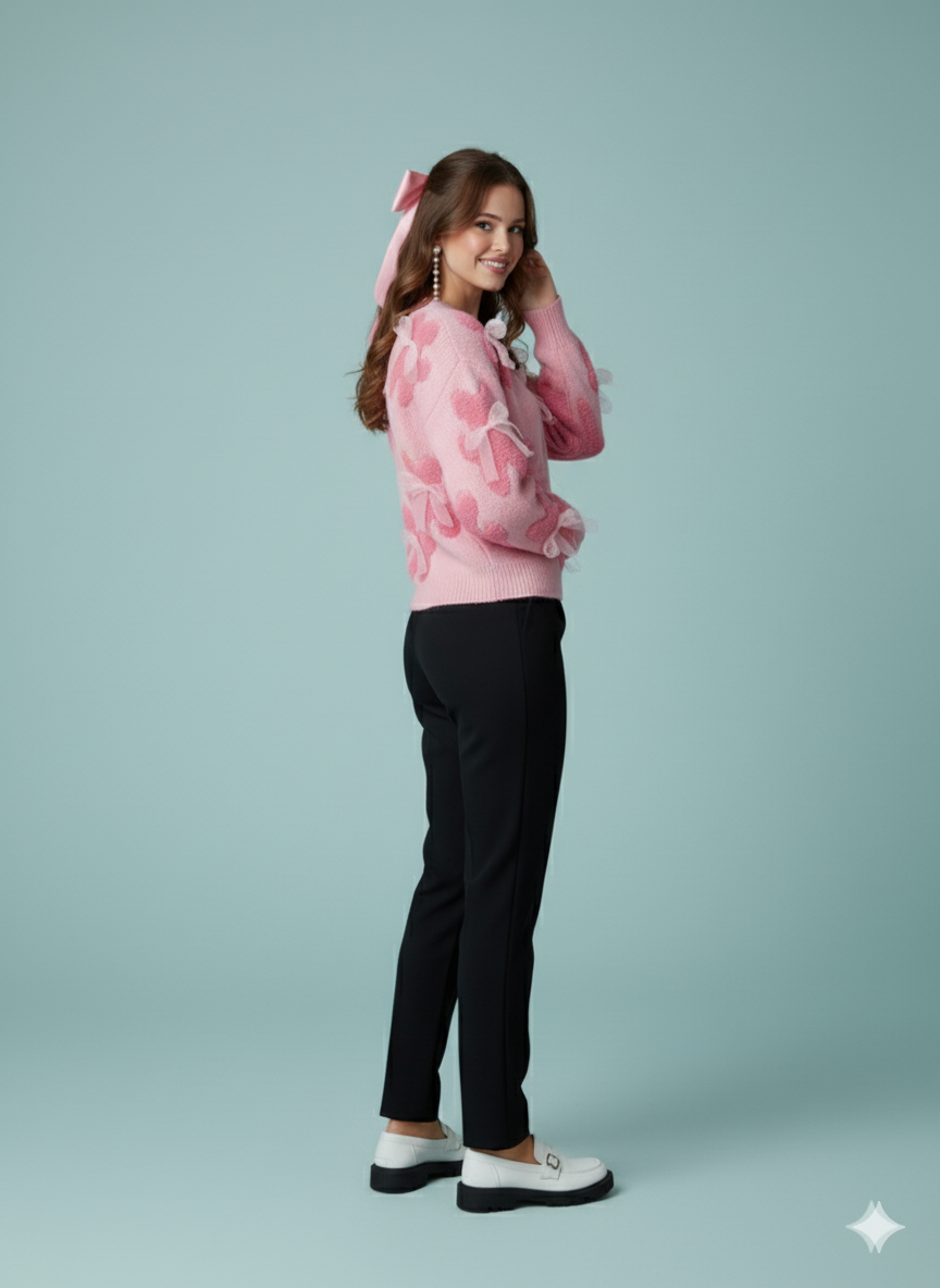ADL Vintage Winter Cute Teddy Bear & Sheer Bow Long Sleeve Sweater in Pink.
