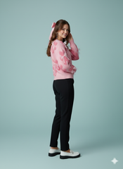 ADL Vintage Winter Cute Teddy Bear & Sheer Bow Long Sleeve Sweater in Pink.