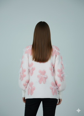 ADL Vintage Winter Cute Teddy Bear & Sheer Bow Long Sleeve Sweater in White