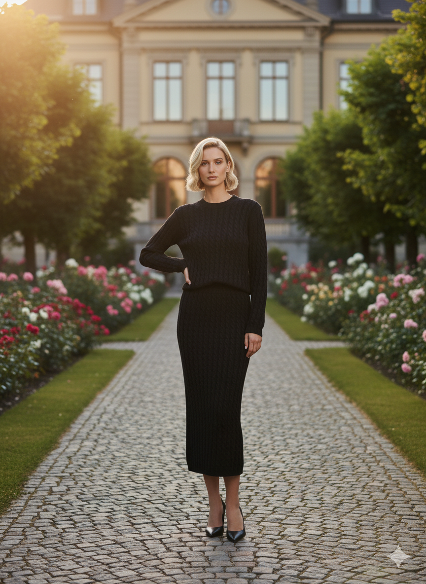 ADL Soft Cable Jumper and Midi Skirt Co-Ord Set in black