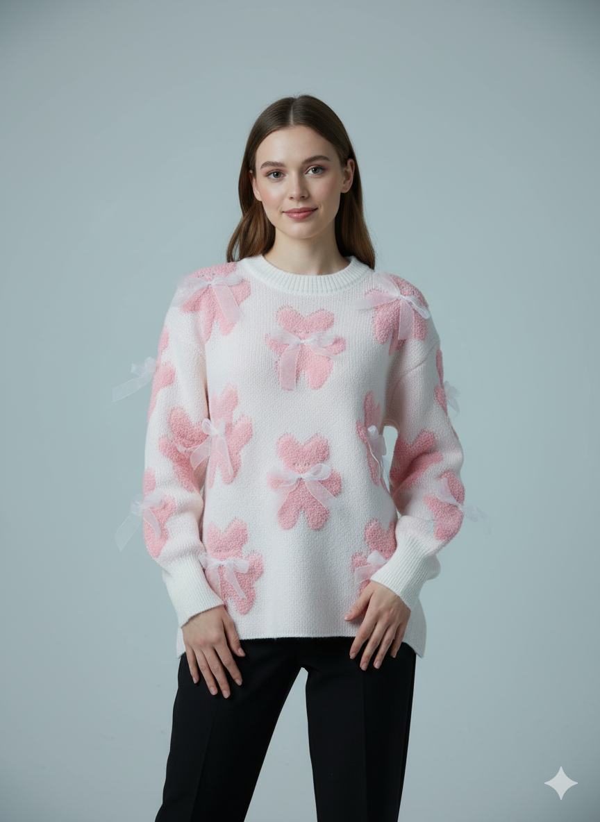 ADL Vintage Winter Cute Teddy Bear & Sheer Bow Long Sleeve Sweater in White