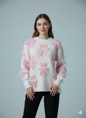 ADL Vintage Winter Cute Teddy Bear & Sheer Bow Long Sleeve Sweater in White