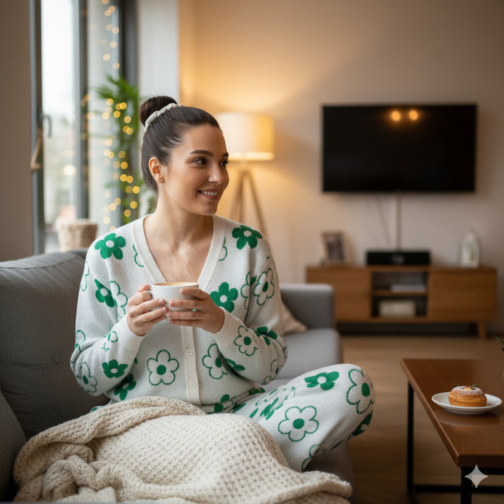 ADL High Quality Floral Pattern V-Neck Knitted 2 piece Set Women Wide-Leg in Green .