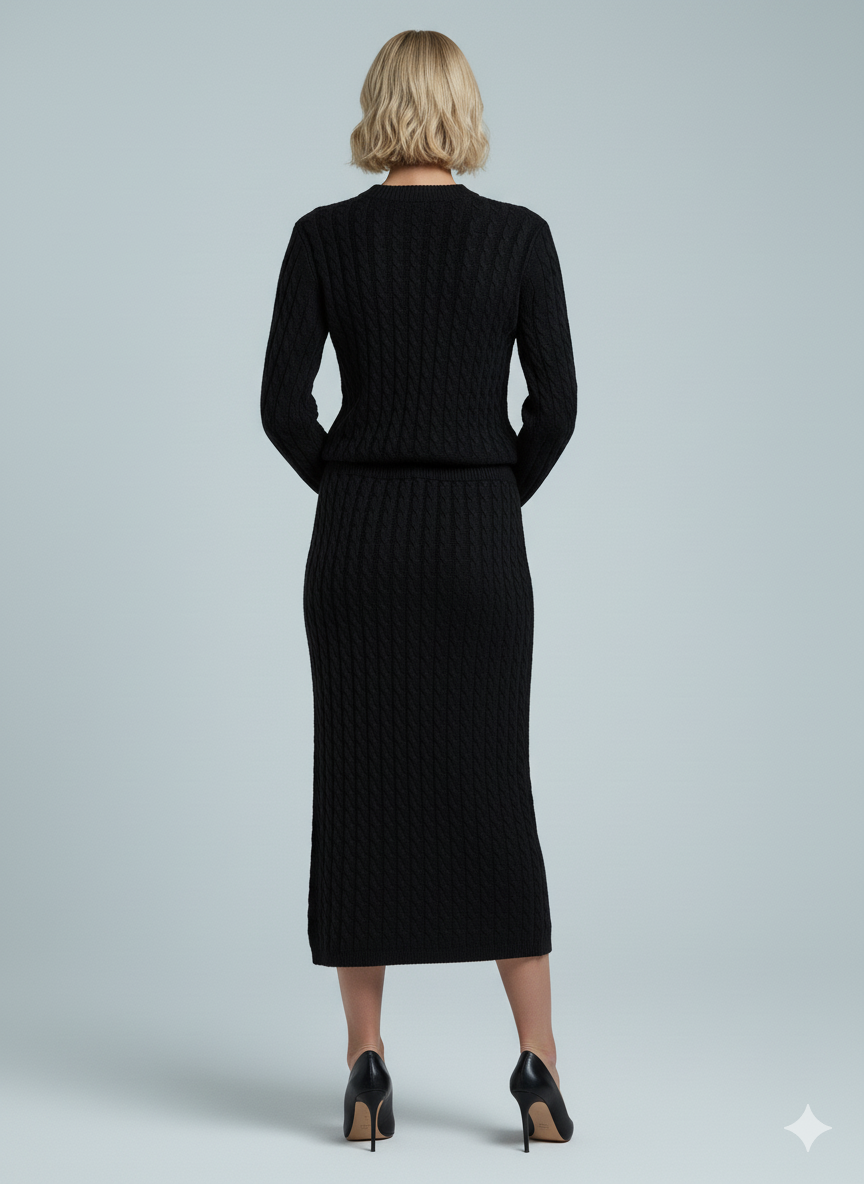 ADL Soft Cable Jumper and Midi Skirt Co-Ord Set in black