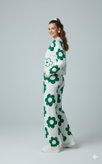 ADL High Quality Floral Pattern V-Neck Knitted 2 piece Set Women Wide-Leg in Green .