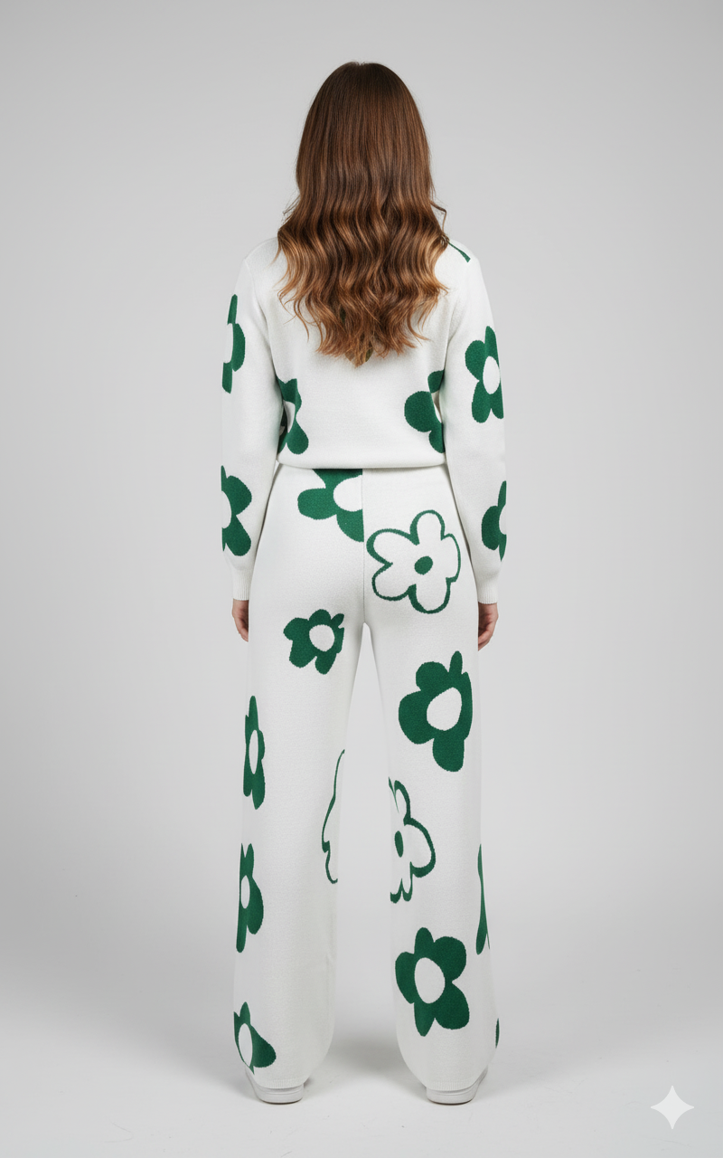 ADL High Quality Floral Pattern V-Neck Knitted 2 piece Set Women Wide-Leg in Green .