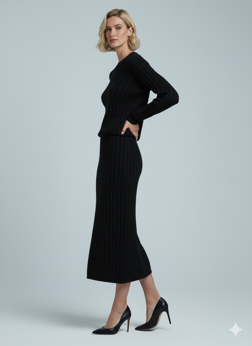 ADL Soft Cable Jumper and Midi Skirt Co-Ord Set in black