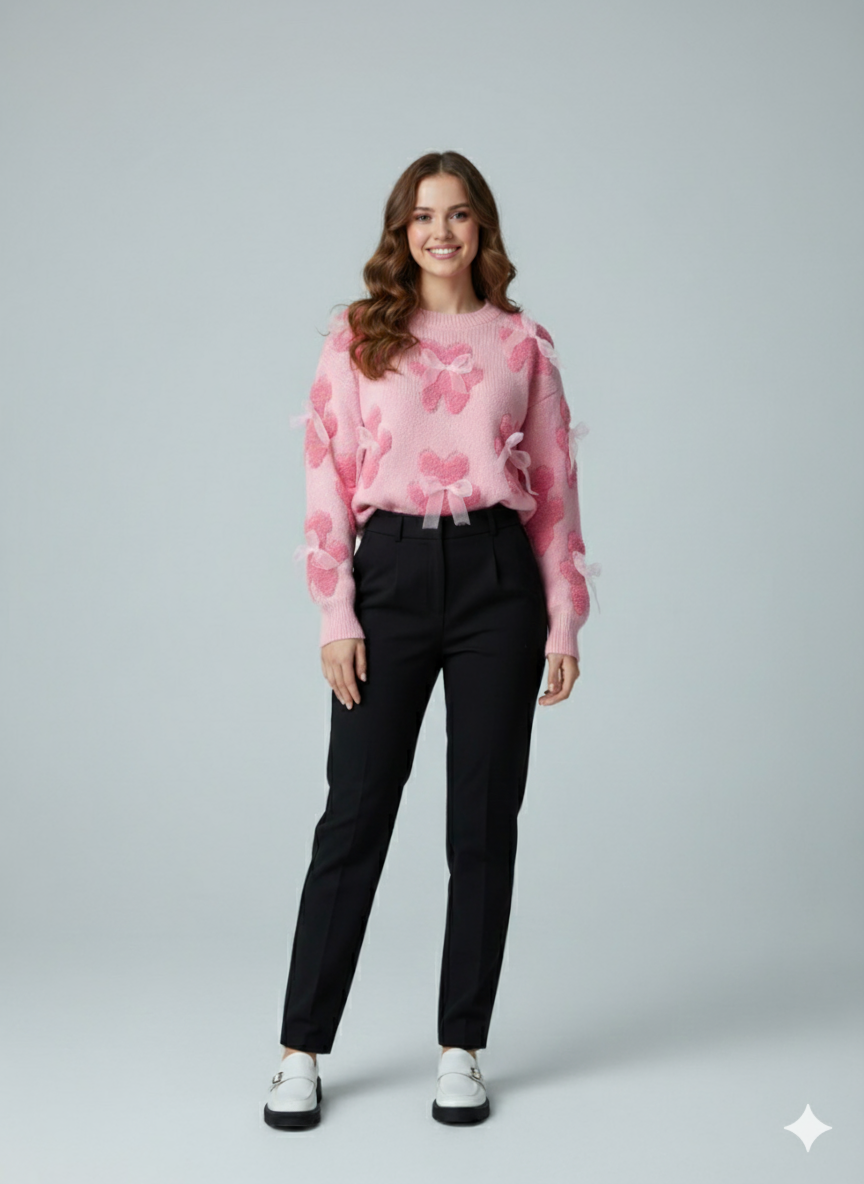 ADL Vintage Winter Cute Teddy Bear & Sheer Bow Long Sleeve Sweater in Pink.