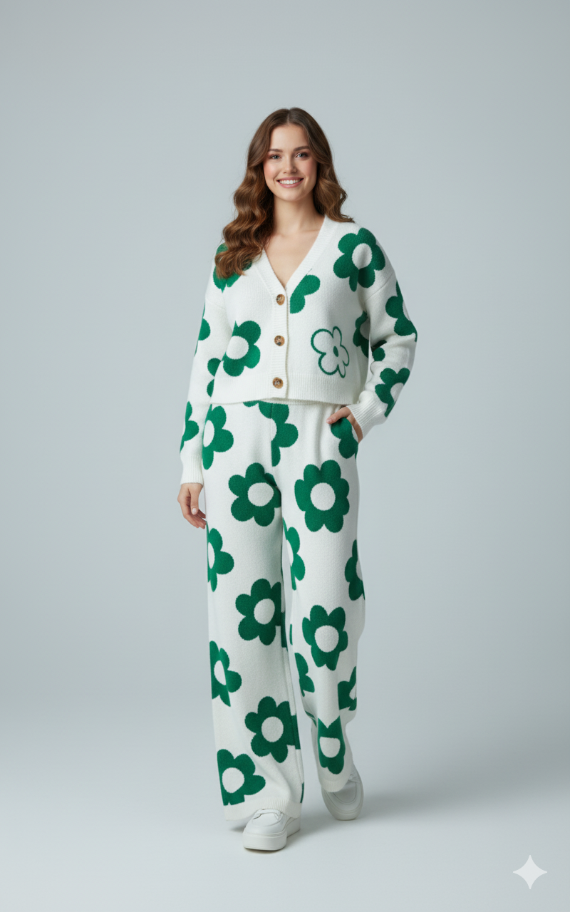 ADL High Quality Floral Pattern V-Neck Knitted 2 piece Set Women Wide-Leg in Green .