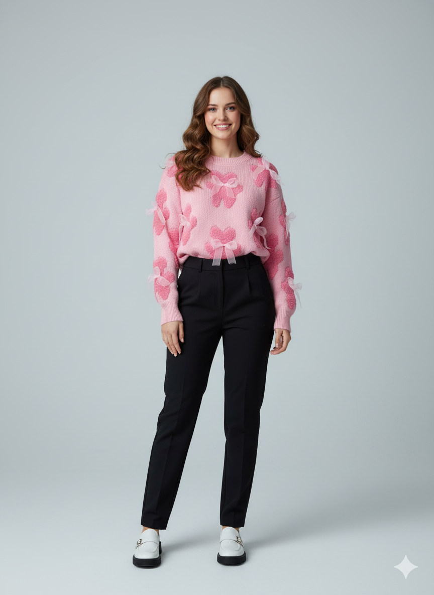 ADL Vintage Winter Cute Teddy Bear & Sheer Bow Long Sleeve Sweater in Pink.