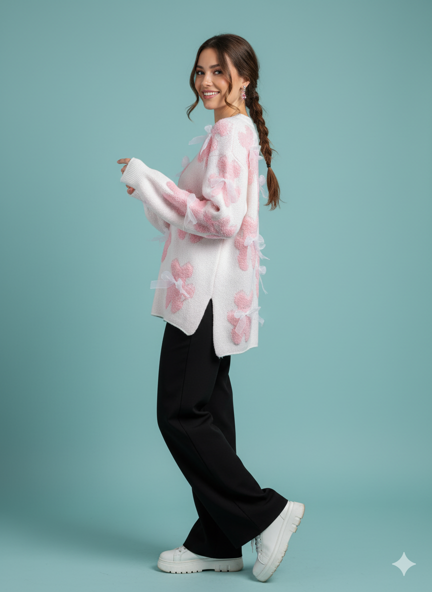 ADL Vintage Winter Cute Teddy Bear & Sheer Bow Long Sleeve Sweater in White