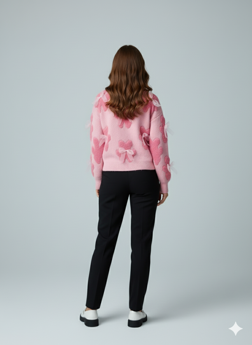 ADL Vintage Winter Cute Teddy Bear & Sheer Bow Long Sleeve Sweater in Pink.