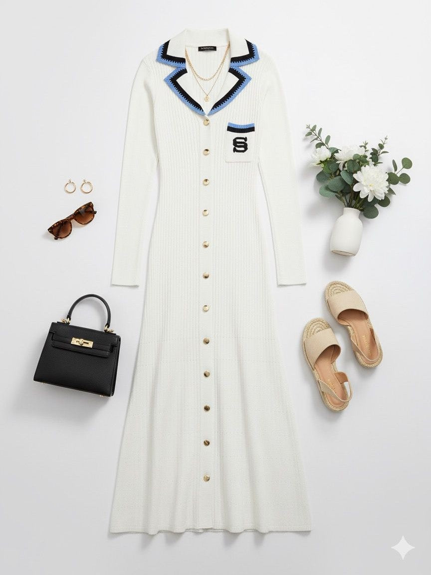 Elegant Embroidery Letter Midmaxi Sweater Dress In white