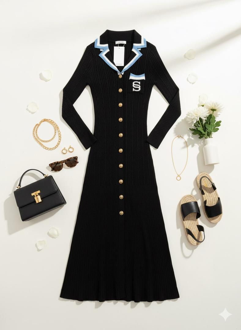 Elegant Embrodery Letter Midmaxi Sweater Dress In Black.