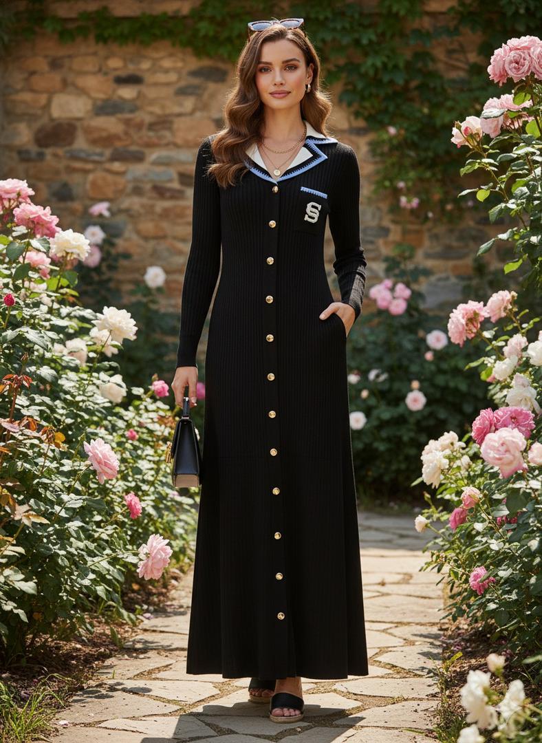 Elegant Embrodery Letter Midmaxi Sweater Dress In Black.