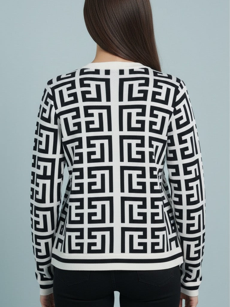 ADL Winter Elegant Single Breasted  Long Sleeve Knit Pullover in White