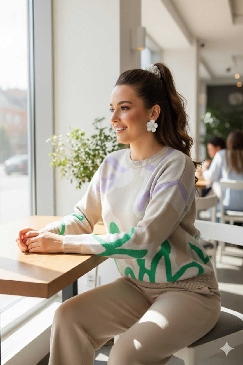 ADL Cosy Contrast Colour Printed Knitted 2 pieces Women Pant set in Beige