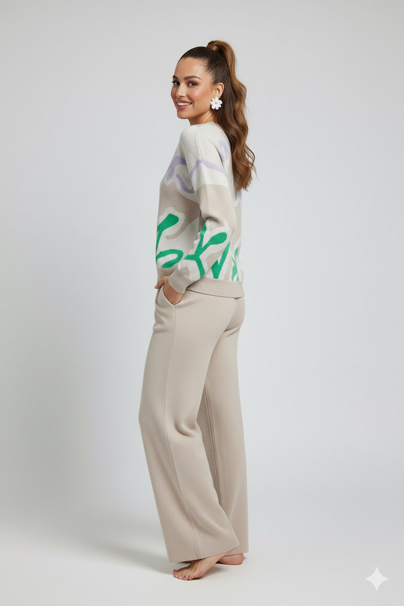 ADL Cosy Contrast Colour Printed Knitted 2 pieces Women Pant set in Beige