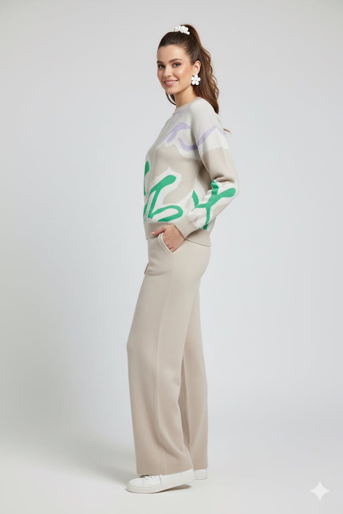 ADL Cosy Contrast Colour Printed Knitted 2 pieces Women Pant set in Beige