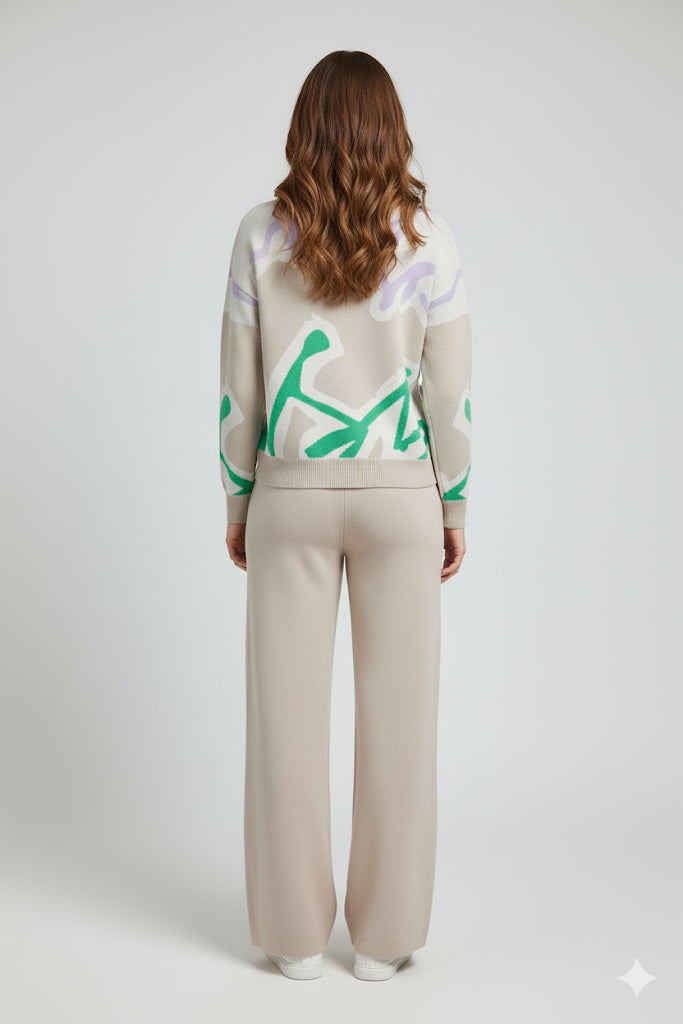 ADL Cosy Contrast Colour Printed Knitted 2 pieces Women Pant set in Beige