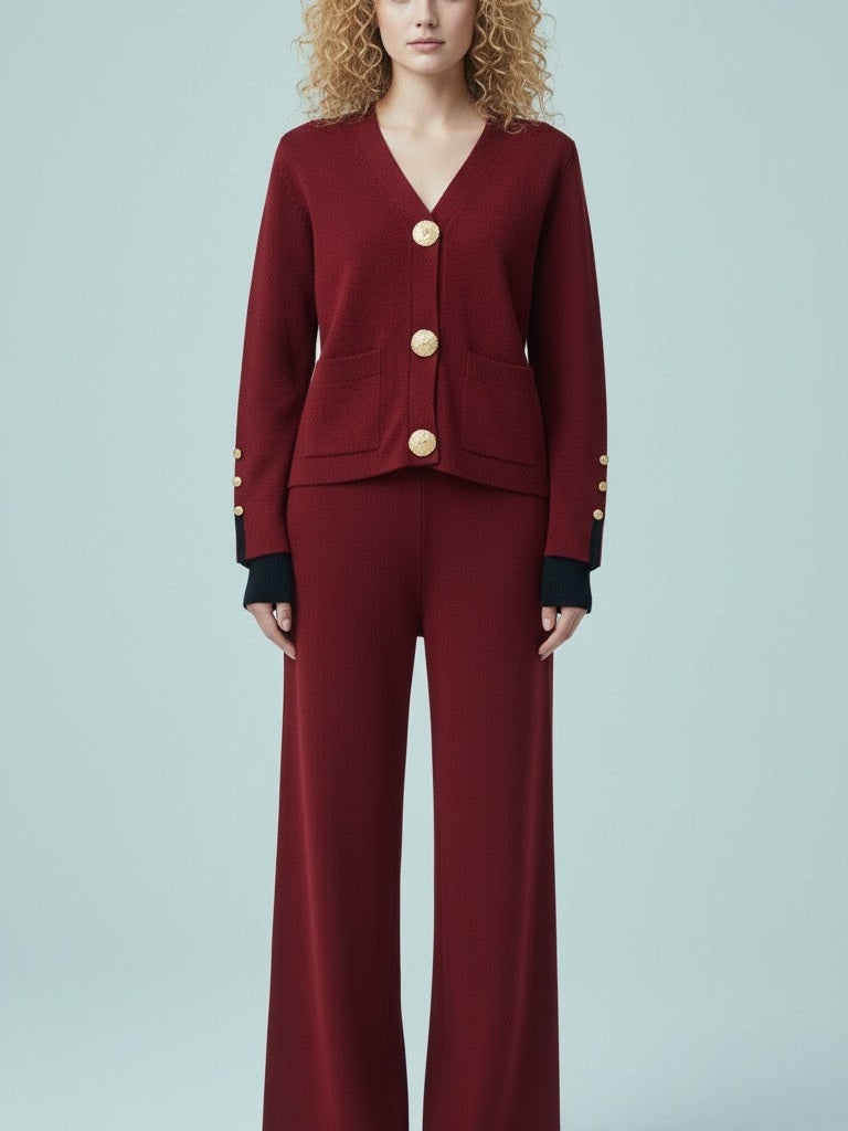 ADL Large Button Long Sleeve Knitted V-Neck wide-leg Pant 2 pieces Set Maroon
