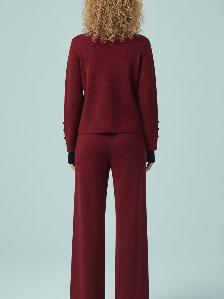 ADL Large Button Long Sleeve Knitted V-Neck wide-leg Pant 2 pieces Set Maroon