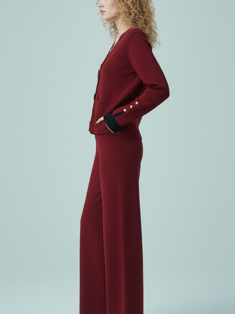 ADL Large Button Long Sleeve Knitted V-Neck wide-leg Pant 2 pieces Set Maroon