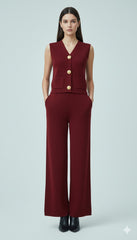 ADL Large Button Sleeveless Knitted V-Neck wide-leg Pant 2 pieces Set Maroon