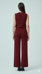 ADL Large Button Sleeveless Knitted V-Neck wide-leg Pant 2 pieces Set Maroon