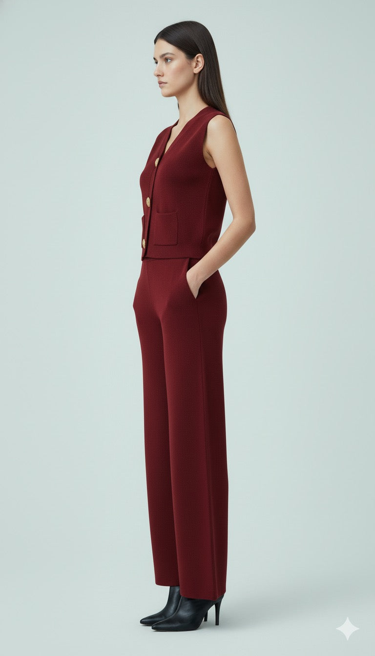 ADL Large Button Sleeveless Knitted V-Neck wide-leg Pant 2 pieces Set Maroon