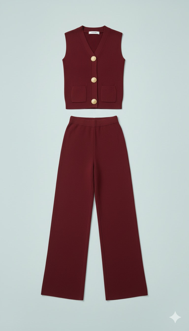 ADL Large Button Sleeveless Knitted V-Neck wide-leg Pant 2 pieces Set Maroon
