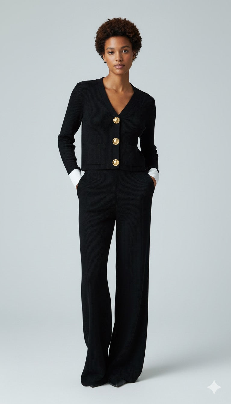 ADL Large Button Long Sleve knitted V-Neck wide-leg Pant 2 pieces Set black