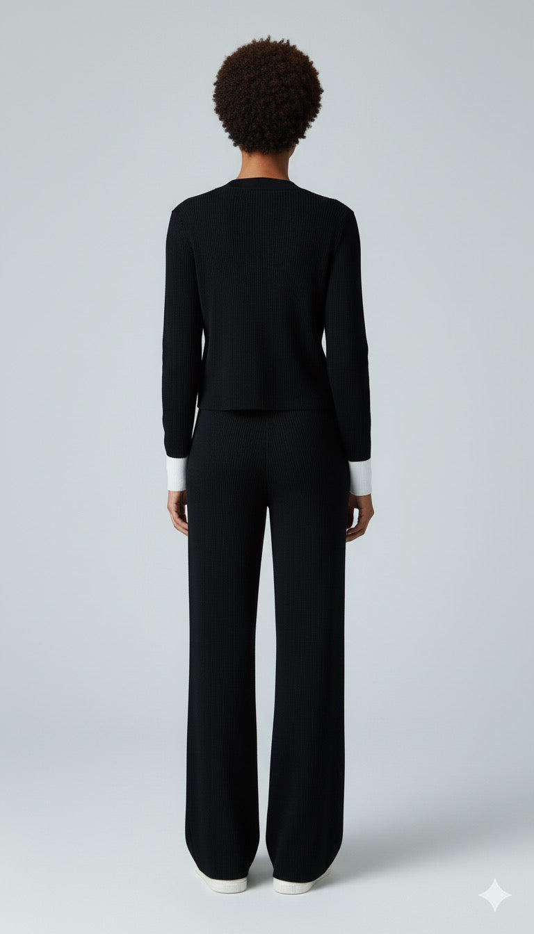 ADL Large Button Long Sleve knitted V-Neck wide-leg Pant 2 pieces Set black