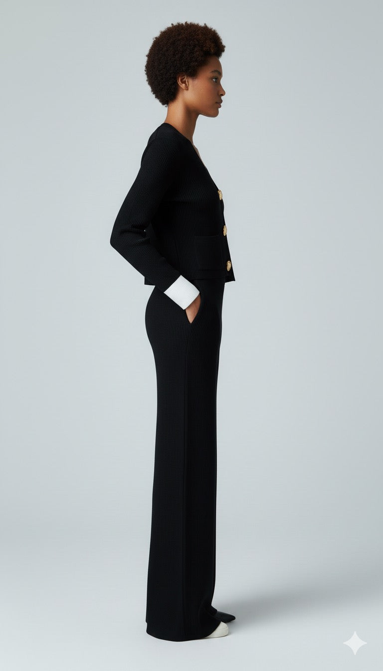 ADL Large Button Long Sleve knitted V-Neck wide-leg Pant 2 pieces Set black