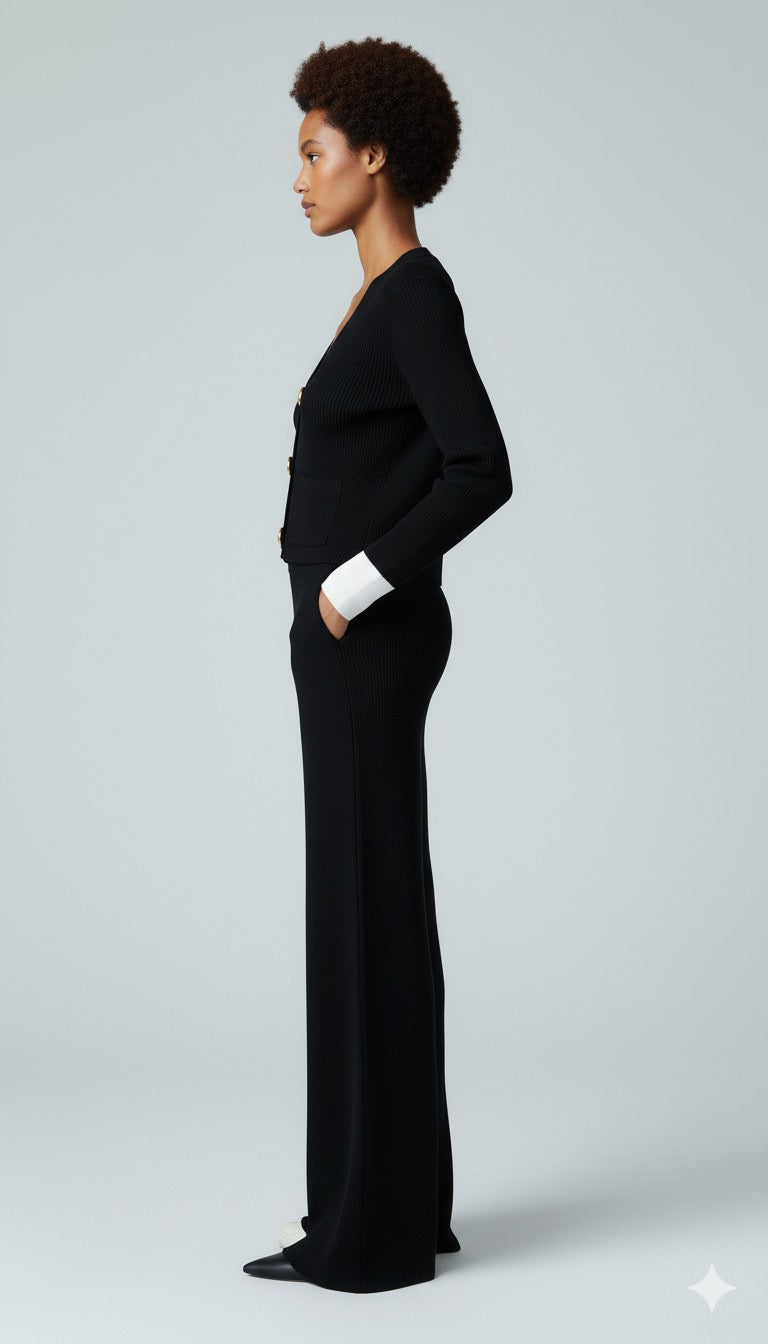 ADL Large Button Long Sleve knitted V-Neck wide-leg Pant 2 pieces Set black