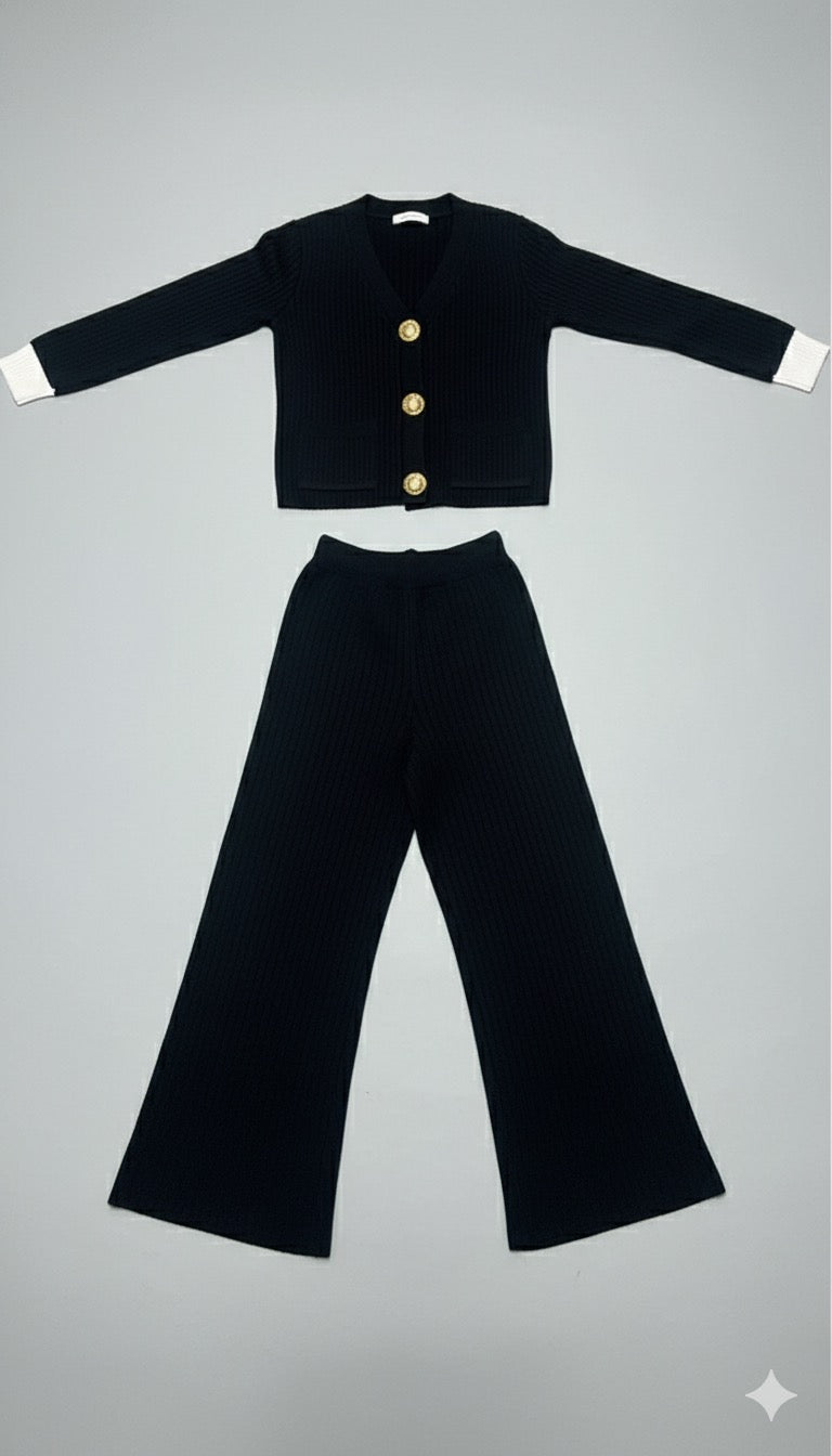 ADL Large Button Long Sleve knitted V-Neck wide-leg Pant 2 pieces Set black