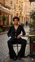 ADL Large Button Long Sleve knitted V-Neck wide-leg Pant 2 pieces Set black