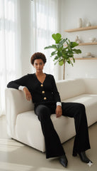 ADL Large Button Long Sleve knitted V-Neck wide-leg Pant 2 pieces Set black