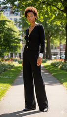 ADL Large Button Long Sleve knitted V-Neck wide-leg Pant 2 pieces Set black